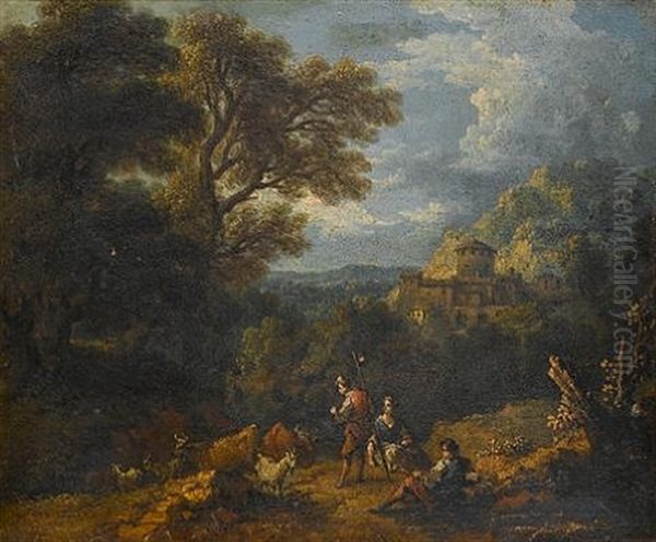 Shepherds Tending Their Livestock In A Landscape, A Town Beyond Oil Painting by Pierre Salomon Domenchin de Chavanne