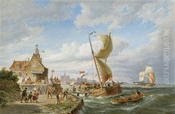 A Crowded Pier Oil Painting by Cornelis Christiaan Dommelshuizen