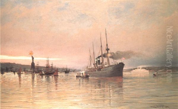 A Liner And Other Shipping Before The Statue Of Liberty Oil Painting by Cornelis Christiaan Dommelshuizen
