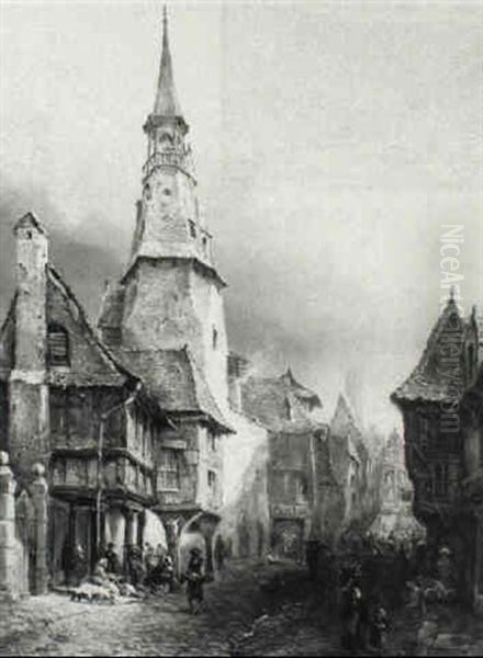 Villagers In The Streets Of A Town Oil Painting by Cornelis Christiaan Dommelshuizen