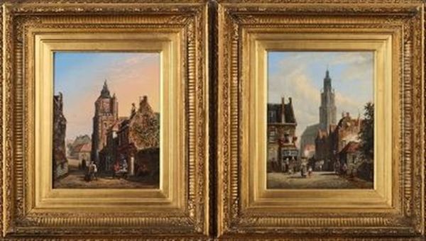 Dutch Street Scene With People Going About Their Work; And A Companion Piece Oil Painting by William Raymond Dommersen
