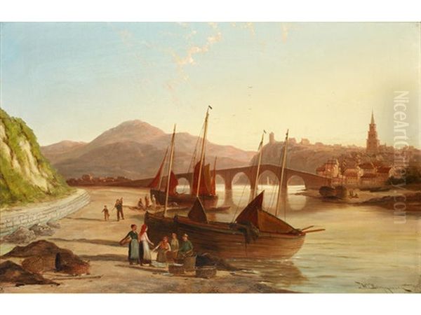 Selling Fish On The Beach Oil Painting by William Raymond Dommersen