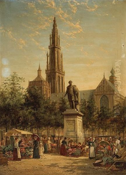 A View Of The Rubens Statue And The Cathedral, Antwerp Oil Painting by William Raymond Dommersen
