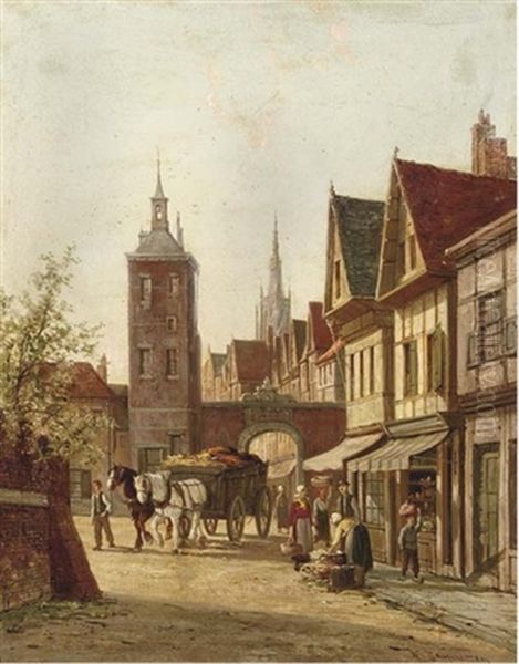 View Of A Town Street Oil Painting by William Raymond Dommersen
