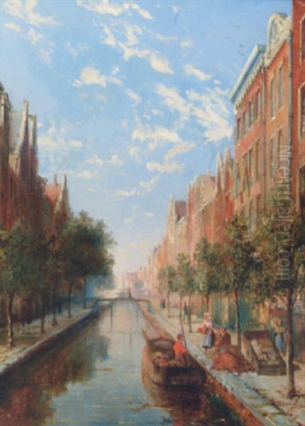 A Sunlit Canal, Amsterdam Oil Painting by William Raymond Dommersen