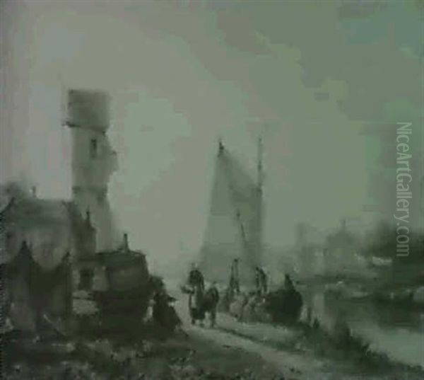 Englische Flusslandschaft Mit Einem Landstadtchen An Einem  Hellen Sommertag Oil Painting by William Raymond Dommersen