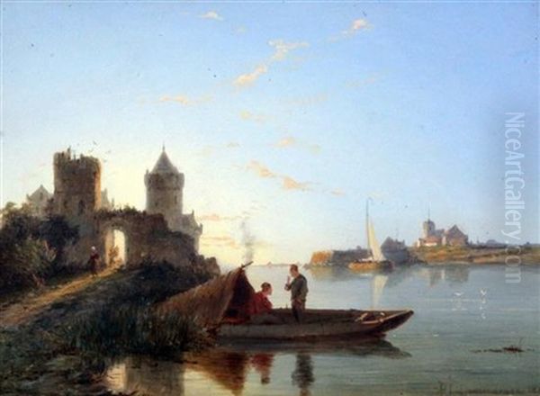 Boatmen In A Tranquil Landscape Oil Painting by Pieter Cornelis Dommershuijzen