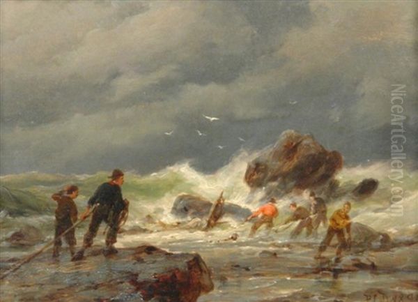 An Der Kuste. Fischersleute Bei Sturmischem Wetter, Strandgut Bergend Oil Painting by Pieter Cornelis Dommershuijzen