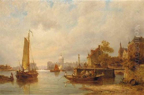 Barges On A River Near A Town In Summer Oil Painting by Pieter Cornelis Dommershuijzen