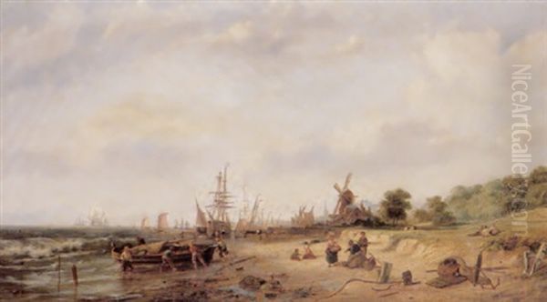Fisherfolk On A Beach Before A Dutch Town Oil Painting by Pieter Cornelis Dommershuijzen