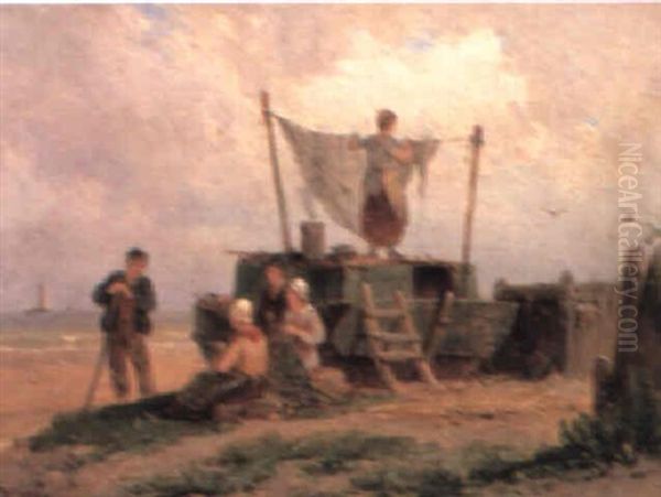 Drying The Nets Oil Painting by Pieter Cornelis Dommershuijzen