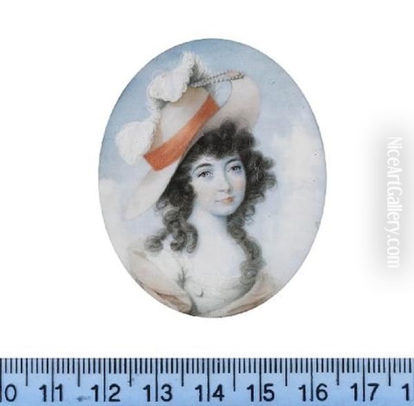 A Lady, Wearing White Dress With Lace Trim, Apricot Stole And Matching Hat With Orange Sash Ribbon, White Plumes And Strands Of Pearls, Her Dark Hair Worn A La Conseilleur Oil Painting by John Donaldson