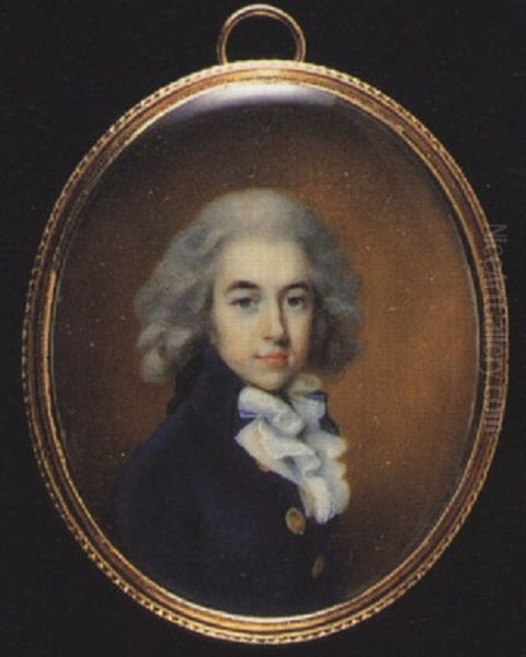 A Young Gentleman Wearing Blue Coat With Large Gold Buttons And Frilled White Cravat, His Powdered Hair En Queue Oil Painting by John Donaldson