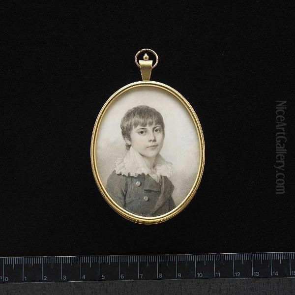 A Young Boy, Wearing Grey Coat With Silver Buttons And Wide Frilled White Collar. Oil Painting by Louis Ami Arlaud-Jurine