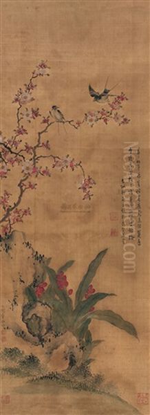 Peach Blossom And Flying Swallows Oil Painting by  Dong Xiaowan