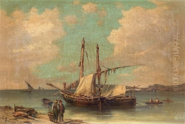 Marina Con Barche E Pescatori Oil Painting by Emilio Donnini
