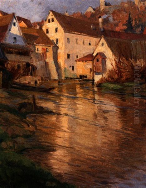 Frankisches Stadtchen Mit Burg Und Kirchhugel, An Einem Fluss Gelegen Oil Painting by Ernst Dorn