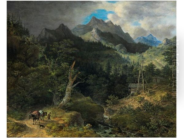 Gebirgslandschaft Mit Reisendemund Gehoft Oil Painting by Johann Jakob Dorner the Younger