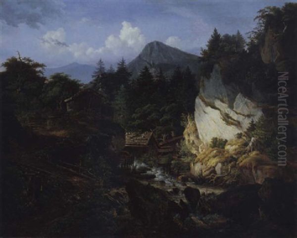 Alpenlandschaft Mit Einer Wassermuhle Oil Painting by Johann Jakob Dorner the Younger