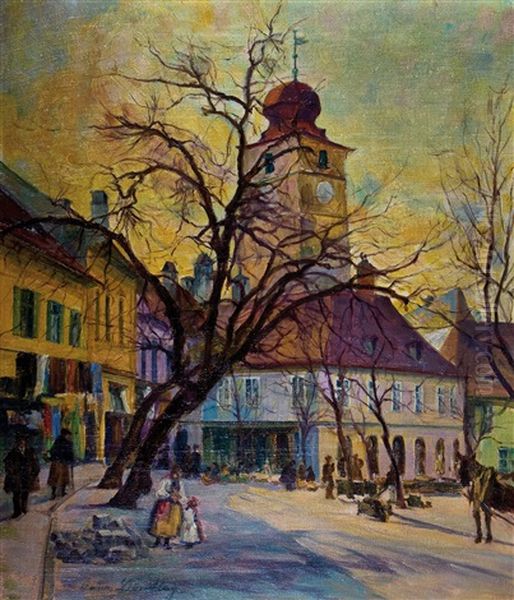 Hermannstadter Ansicht Des Kleinen Rings Mit Rathausturm Oil Painting by Anna (Maria Friederike) Doerschlag
