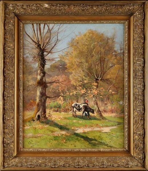 Vache Et Sa Gardienne Au Sous-bois Oil Painting by Raoul Toussaint Dosque