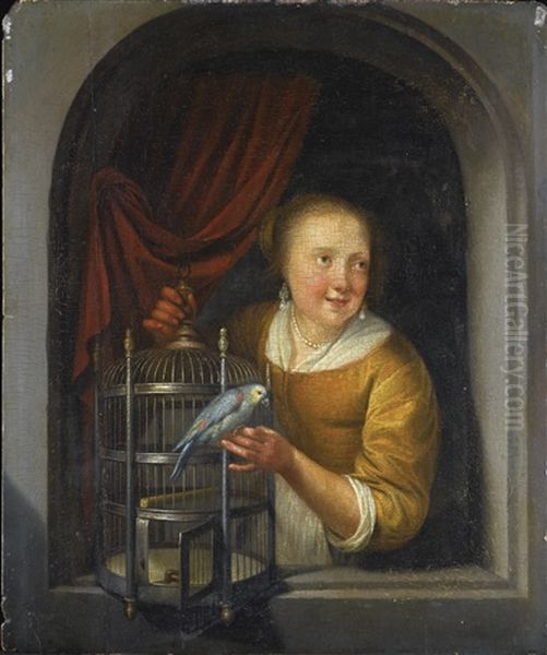 A Young Lady In A Niche, With A Perroquet And A Birdcage Oil Painting by Gerrit Dou