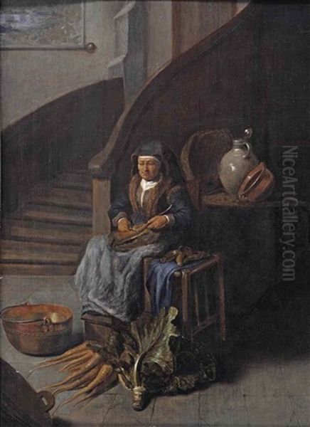 A Old Woman Peeling Carrots In An Interior Oil Painting by Gerrit Dou
