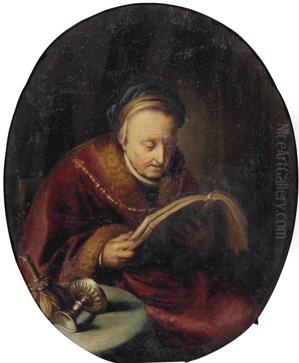 An Old Woman Reading A Book Oil Painting by Gerrit Dou