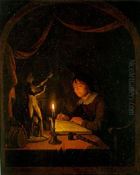 Ein Junger Kunstler Zeichnet Die Tonskulptur Von Orpheus Und Zerberus Bei Kerzenlicht Oil Painting by Gerrit Dou
