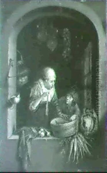 A Woman With A Bowl Of Fish And A Boy At A Window  A Man And Boy With Game At A Window Oil Painting by Gerrit Dou