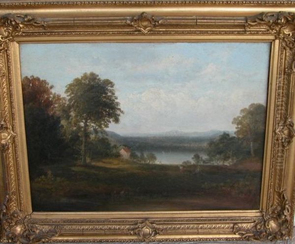 Hudson River Valley Landscape With House, Figures And Animals Oil Painting by Thomas Doughty