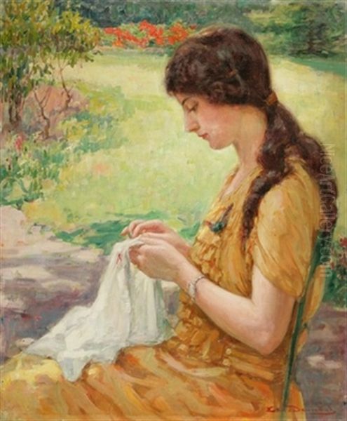 Jeune Femme A La Couture Dans Un Jardin Ensoleille Oil Painting by Edmond Doumont