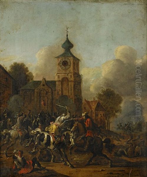 Batalj Vid En Kyrka Oil Painting by Simon Johannes van Douw