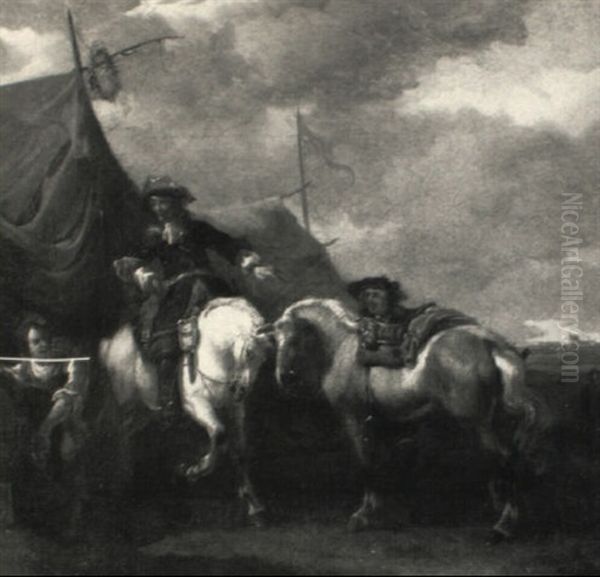 Cavalrymen At A Booth Oil Painting by Simon Johannes van Douw