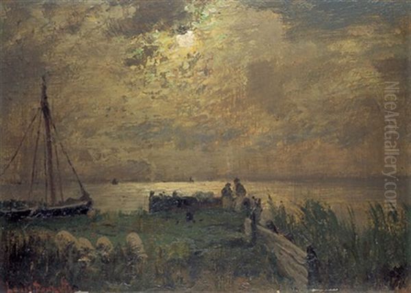 Stadt Am Fluss Im Abendlichen Licht Oil Painting by Fritz Douzette