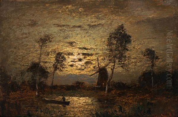 Muhle Im Mondschein Oil Painting by Louis, Carl Ludwig Douzette