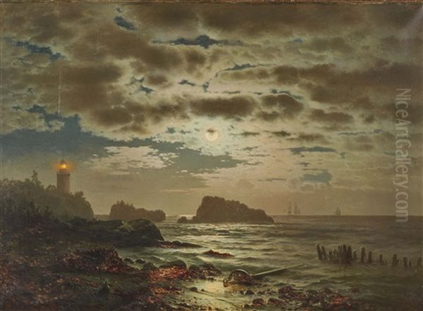 Coastal Landscape In The Moonlight Oil Painting by Louis, Carl Ludwig Douzette