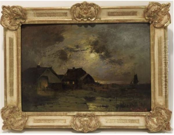 Bauernkaten Im Mondschein Oil Painting by Louis, Carl Ludwig Douzette