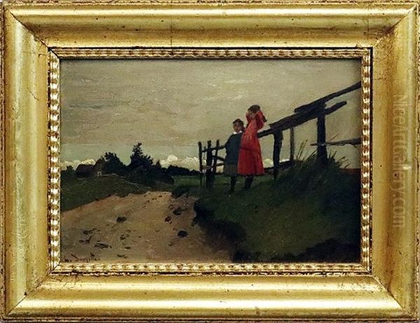 Wolkenverhangene Landschaft Mit Zwei Madchen An Einem Gatter  (abenddammerung) Oil Painting by Louis, Carl Ludwig Douzette