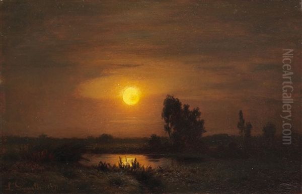 Mondaufgang Am Weiher Oil Painting by Louis, Carl Ludwig Douzette