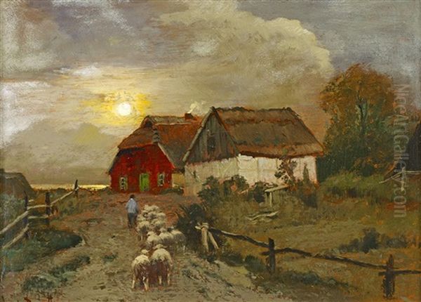 Ostseegehoft Mit Schafhirten Oil Painting by Louis, Carl Ludwig Douzette