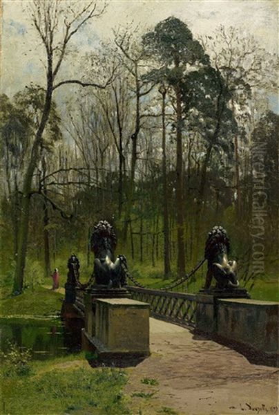 Die Lowenbrucke Im Tiergarten (berlin) Oil Painting by Louis, Carl Ludwig Douzette