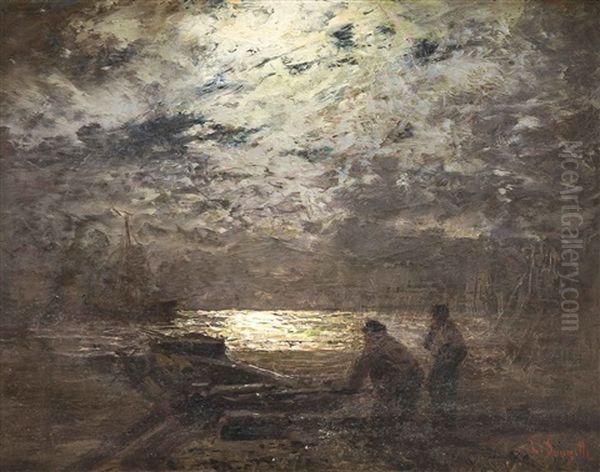 Ufer Mit Fischern Bei Mondschein Oil Painting by Louis, Carl Ludwig Douzette