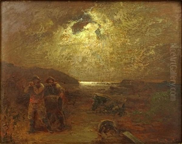 Moonlit Shore Scene Oil Painting by Louis, Carl Ludwig Douzette