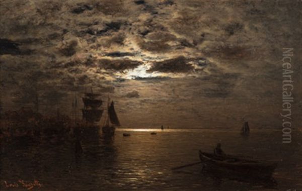 Kustenlandschaft Mit Booten Im Mondenschein Oil Painting by Louis, Carl Ludwig Douzette