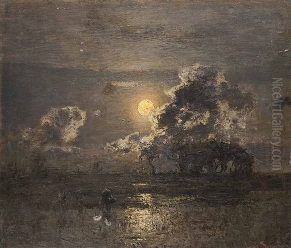 Nachtliche Landschaft Im Mondschein Oil Painting by Louis, Carl Ludwig Douzette