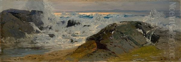 Rocky Coast With A Stormy Sea Oil Painting by Louis, Carl Ludwig Douzette