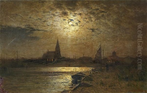 Vollmondnacht Uber Dem Hafen Von Barth Am Bodden Oil Painting by Louis, Carl Ludwig Douzette