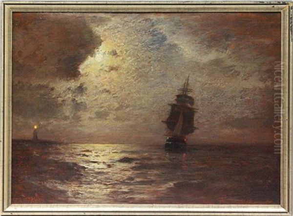 Kustenlandschaft Mit Segler Bei Mondschein Oil Painting by Louis, Carl Ludwig Douzette