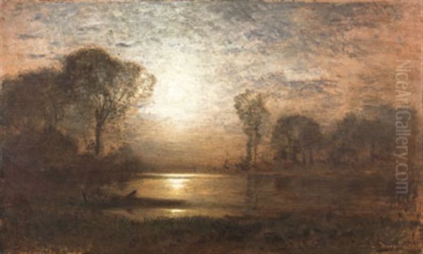 Angler Im Mondlicht Oil Painting by Louis, Carl Ludwig Douzette
